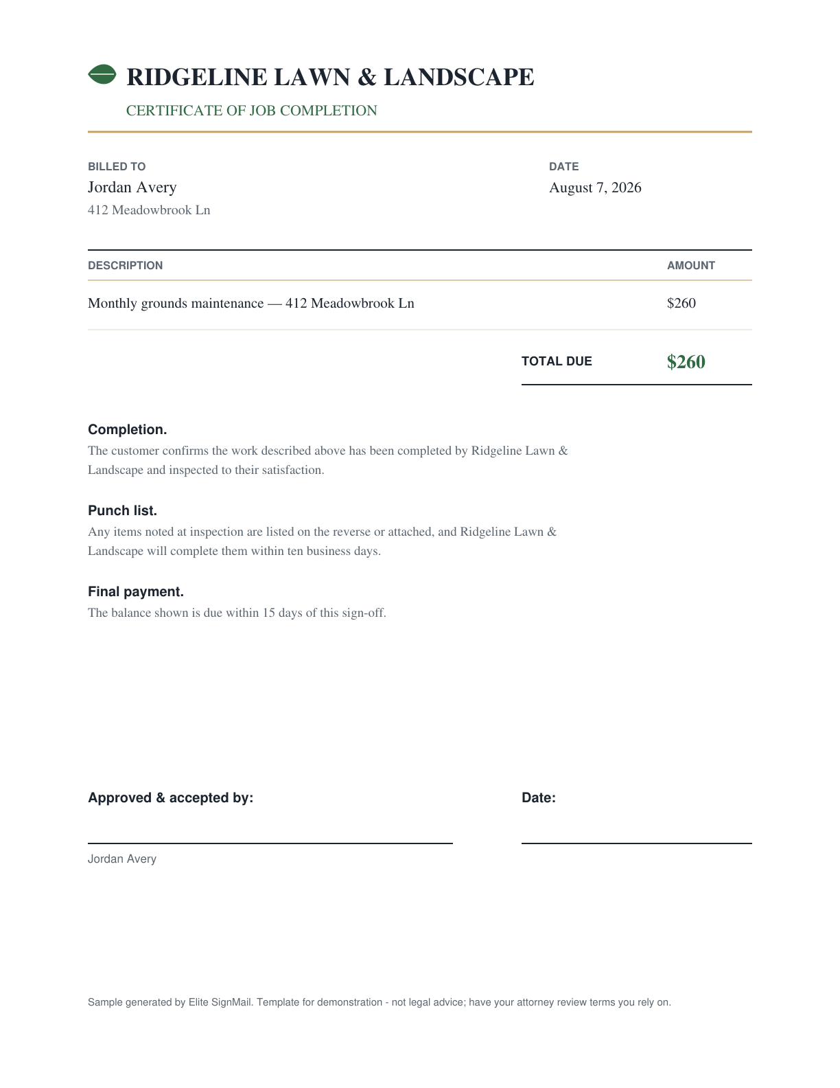Job Completion Sign-Off document preview