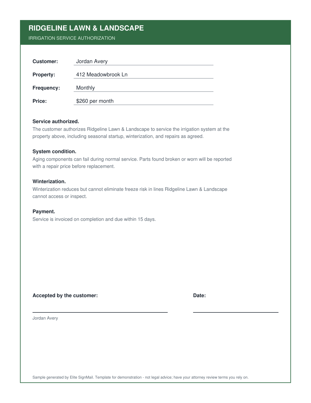 Irrigation Service Waiver document preview