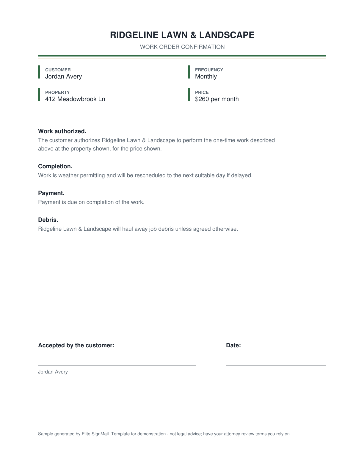 Work Order Confirmation document preview